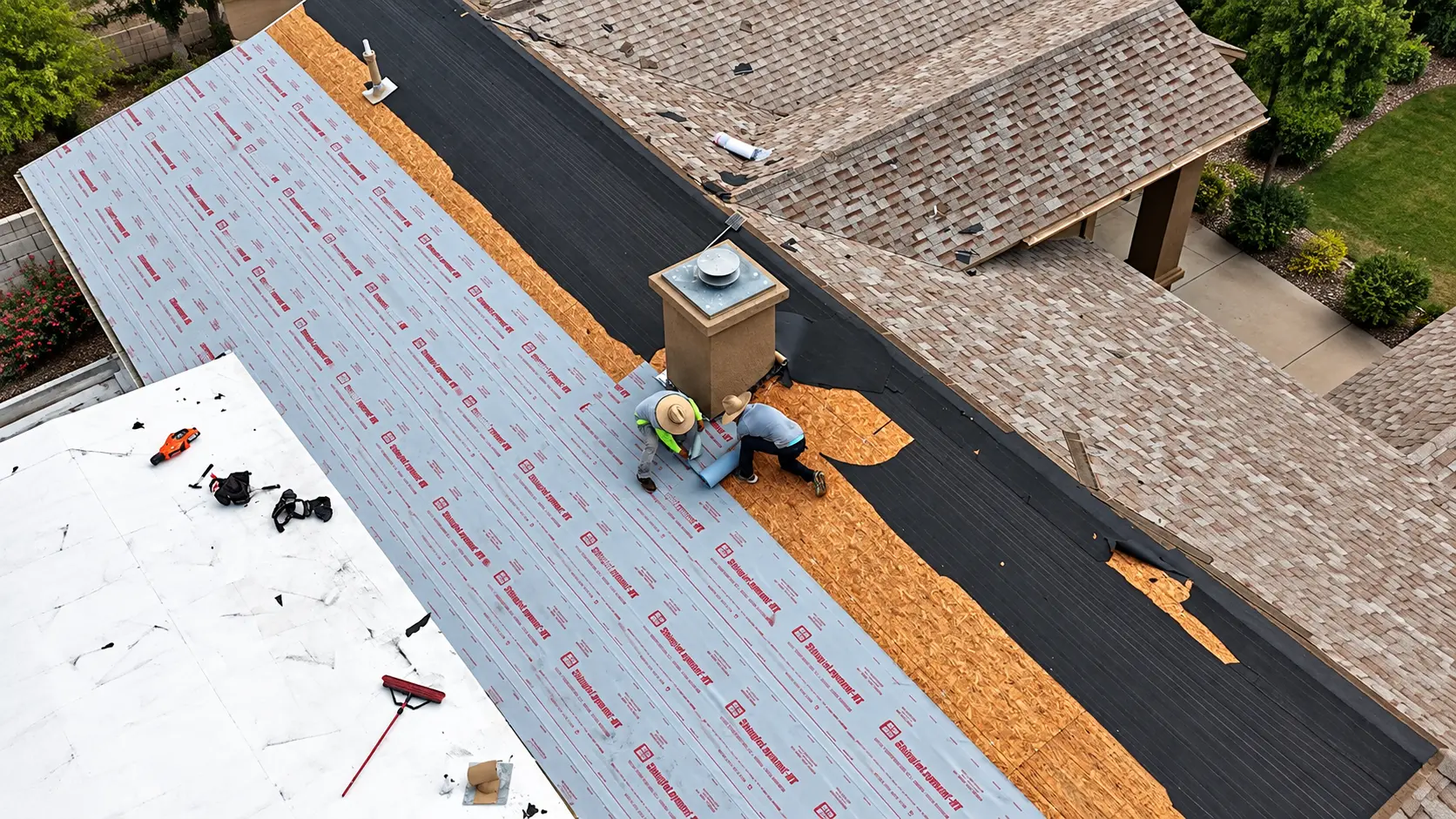 Aerial view of a roof renovation in progress