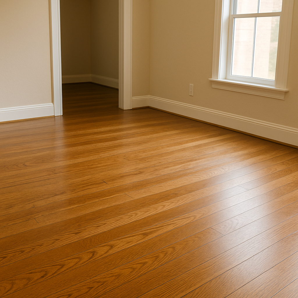 Empty room with polished honey-toned hardwood plank flooring, white baseboards, a doorway to an adjacent room, and daylight from a window