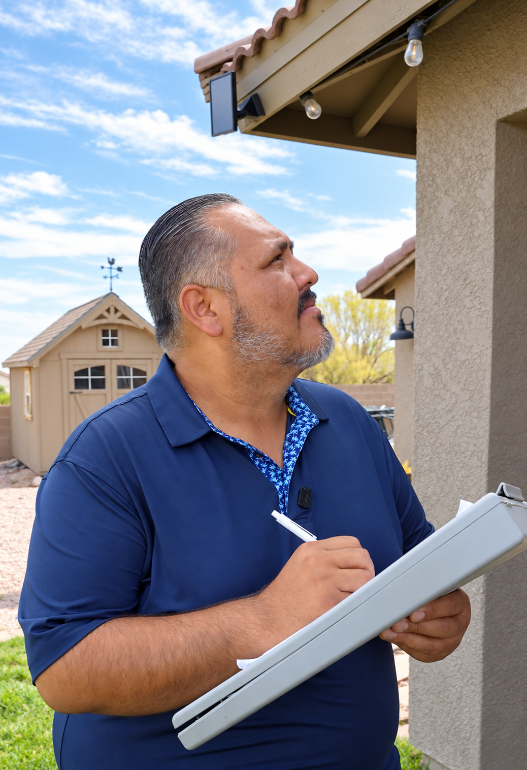 Inspector with a clipboard examining the eaves of a stucco home