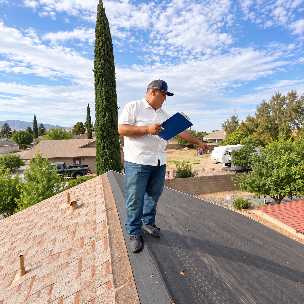 Roof inspector reviewing a Lake Havasu home from the rooftop